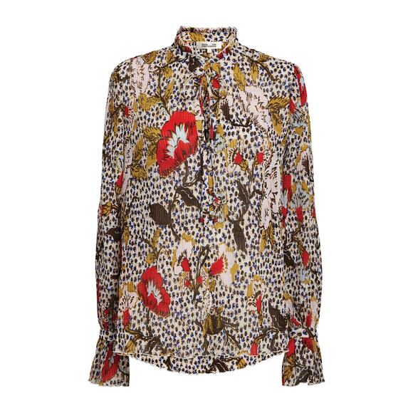DIANE VON FURSTENBERG NWT Designer Red Pink Gold Floral Blouse – Size 8 / Medium - Picture 2 of 16